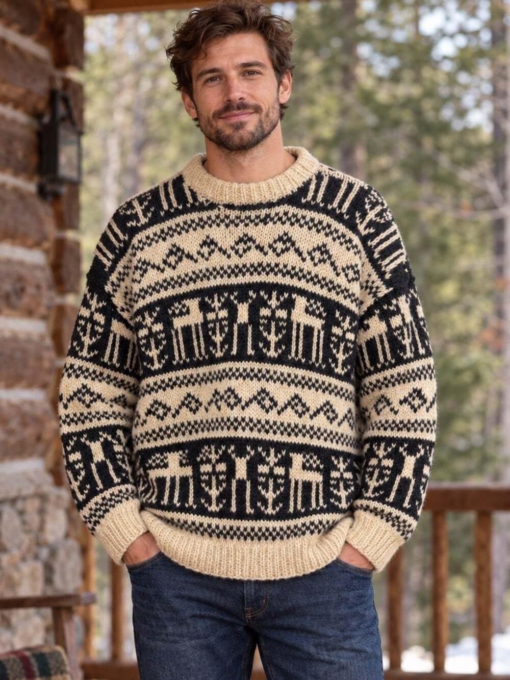 Handmade Wool Nordic Reindeer Sweater Cream Black Cottagecore Cabin